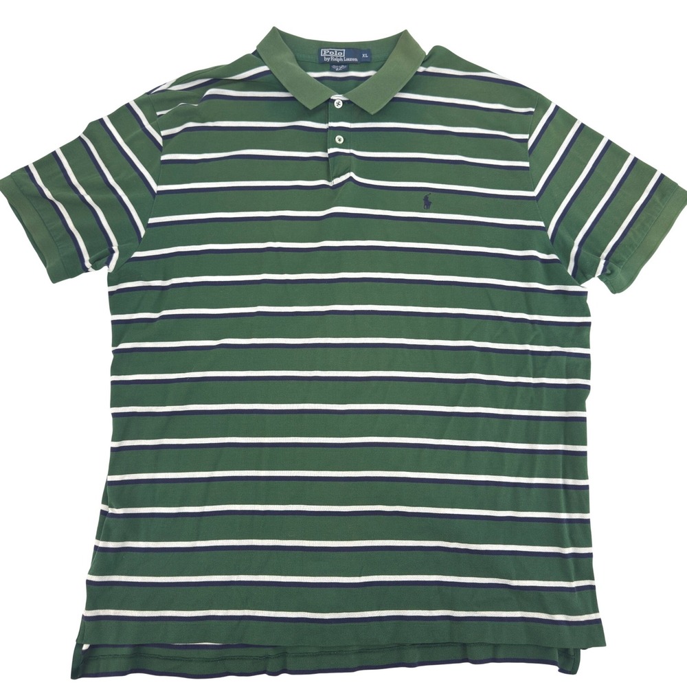 VTG Polo Ralph Lauren Mens XL Green Striped Pima Cotton Soft Short Sleeve Polo